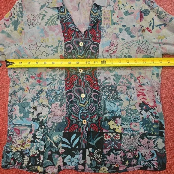 Citron Santa Monica Silk‎ Floral Button-Up Blouse S Sheer Asian Flowy Side Slit - Picture 8 of 10